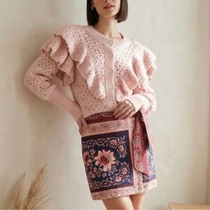 Farm Rio Pink Ruffle Knit Button-Front Sweater